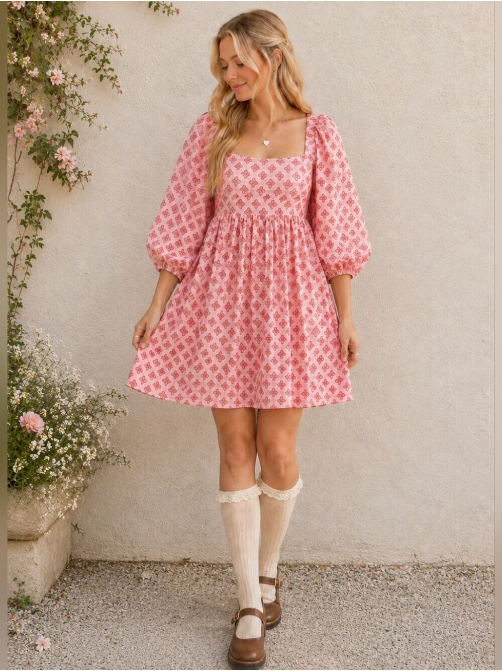 ANNA GRACE PINK SWISS CLIP BALLOON SLEEVE FAIRYCORE BABY DOLL DRESS SMALL